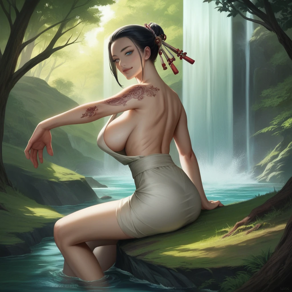 8K, High resolution, main office, 超High resolution, (Realistic:1.4), masterpiece, Beautiful surreal detailed photography (Japanese Yakuza Girl:1.4), I took off my clothes, , (Sitting pose:1.3, Exposed back), (On the Stone, river, waterfall, forest), Tattoo on slim fit body, look at me, Huge , Sexy pose, Le sagging breasts, Detail features, Perfectly balanced body, Model posture, Perfect hand-crafted detail, Clear and bright skin, Amorous expression, Captivating smile, Symmetrical face, Perfect Face, finely detailed perfect face, Soft Skin Ice Face Perfect Face, Intricately crafted grey-blue eyes, Perfect lips in every detail, He opened his mouth a little., Detailed Japanese odango hairstyle, traditional hair accessories, Perfect composition, Dynamic Lighting, Elegant atmosphere, Blue-red tones, Low angle shot, View from behind, Focus on the face, Exposed back body, Volumetric lighting, Photon Mapping