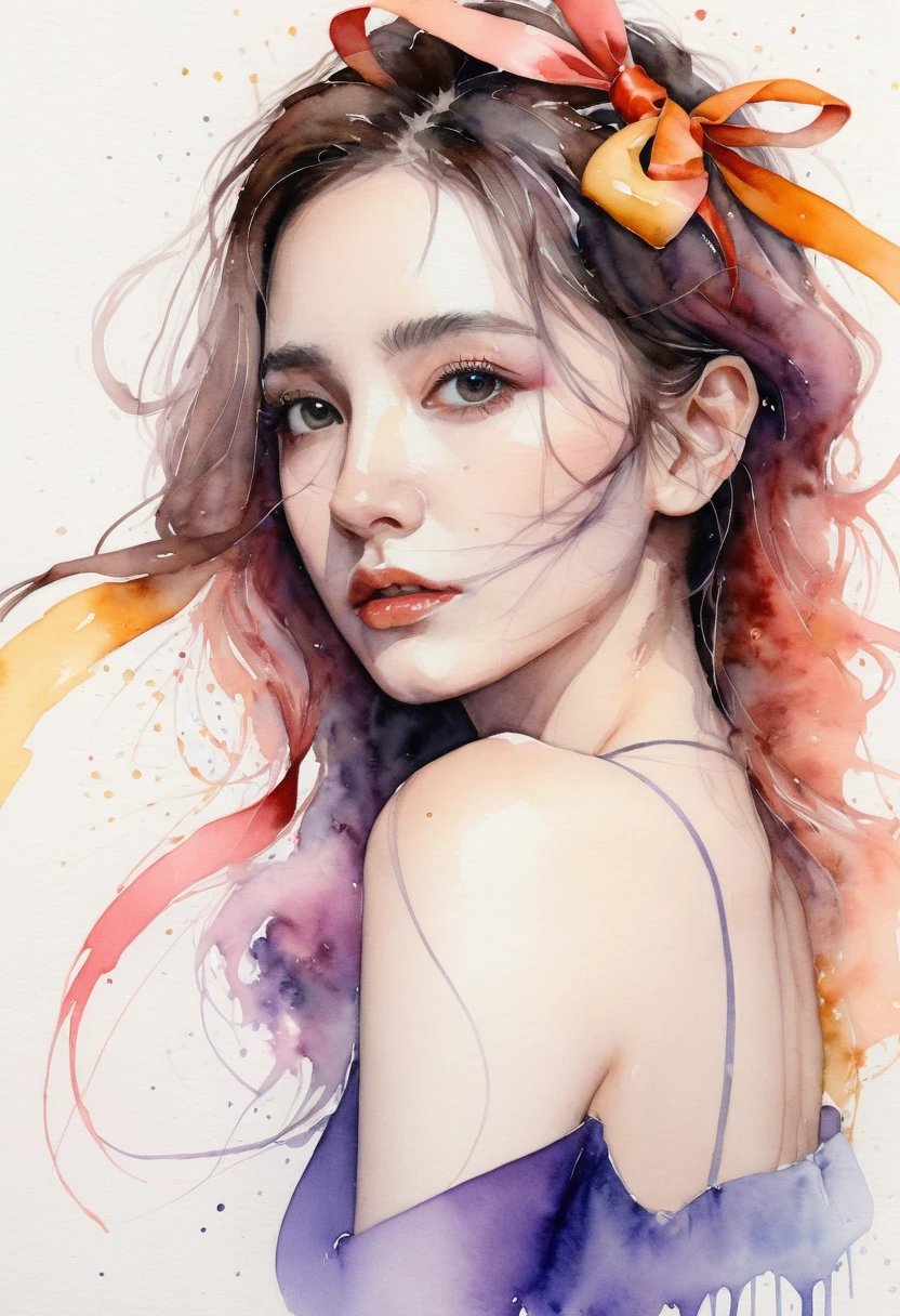 (8k, best quality, masterpiece:1.2),(best quality:1.0), (ultra highres:1.0), watercolor, a beautiful woman, shoulder, hair ribbons, by agnes cecile, half body portrait, extremely luminous bright design, pastel colors, (ink:1.3), autumn lights,