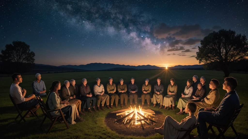 "A serene countryside setting where a group gathers around a bonfire under the starry night sky. One individual shares a personal testimony of encountering biblical promises of eternal life and peace, while others listen with rapt attention. The scene blends elements of nature and spiritual reflection, illustrating the profound impact of ancient teachings on contemporary beliefs and experiences."