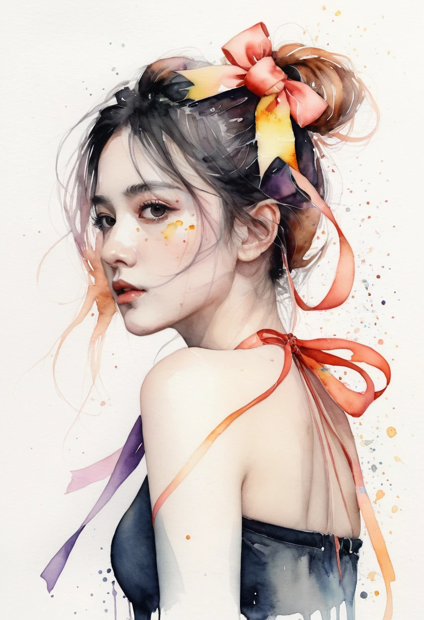 (8k, best quality, masterpiece:1.2),(best quality:1.0), (ultra highres:1.0), watercolor, a beautiful woman, shoulder, hair ribbons, by agnes cecile, half body portrait, extremely luminous bright design, pastel colors, (ink:1.3), autumn lights,
