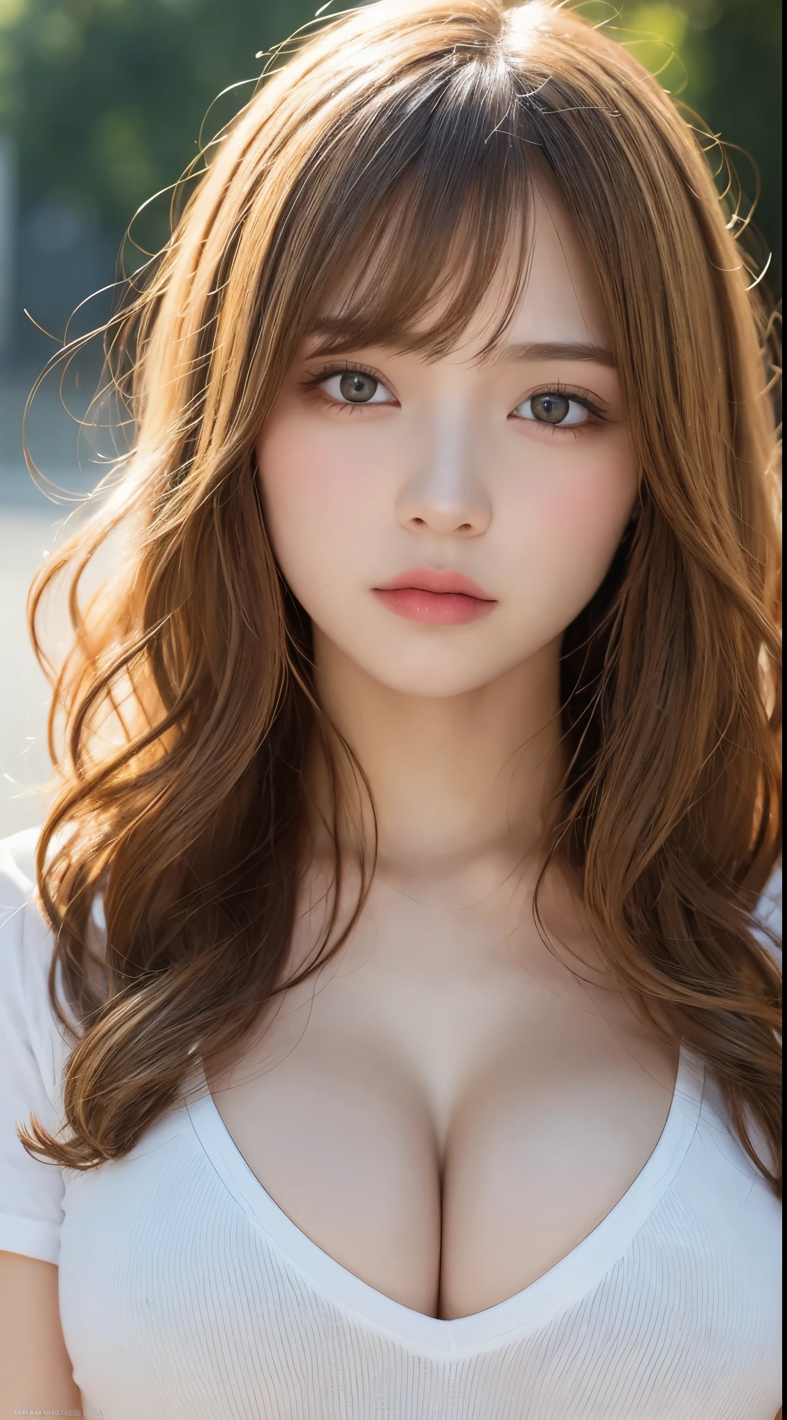 masutepiece, Best Quality, Illustration, Ultra-detailed, finely detail, hight resolution, 8K Wallpaper, Perfect dynamic composition, Beautiful detailed eyes,  Natural Lip, T-Shirts , Big breasts, cleavage,Sad face、Blonde、Wavy Hair