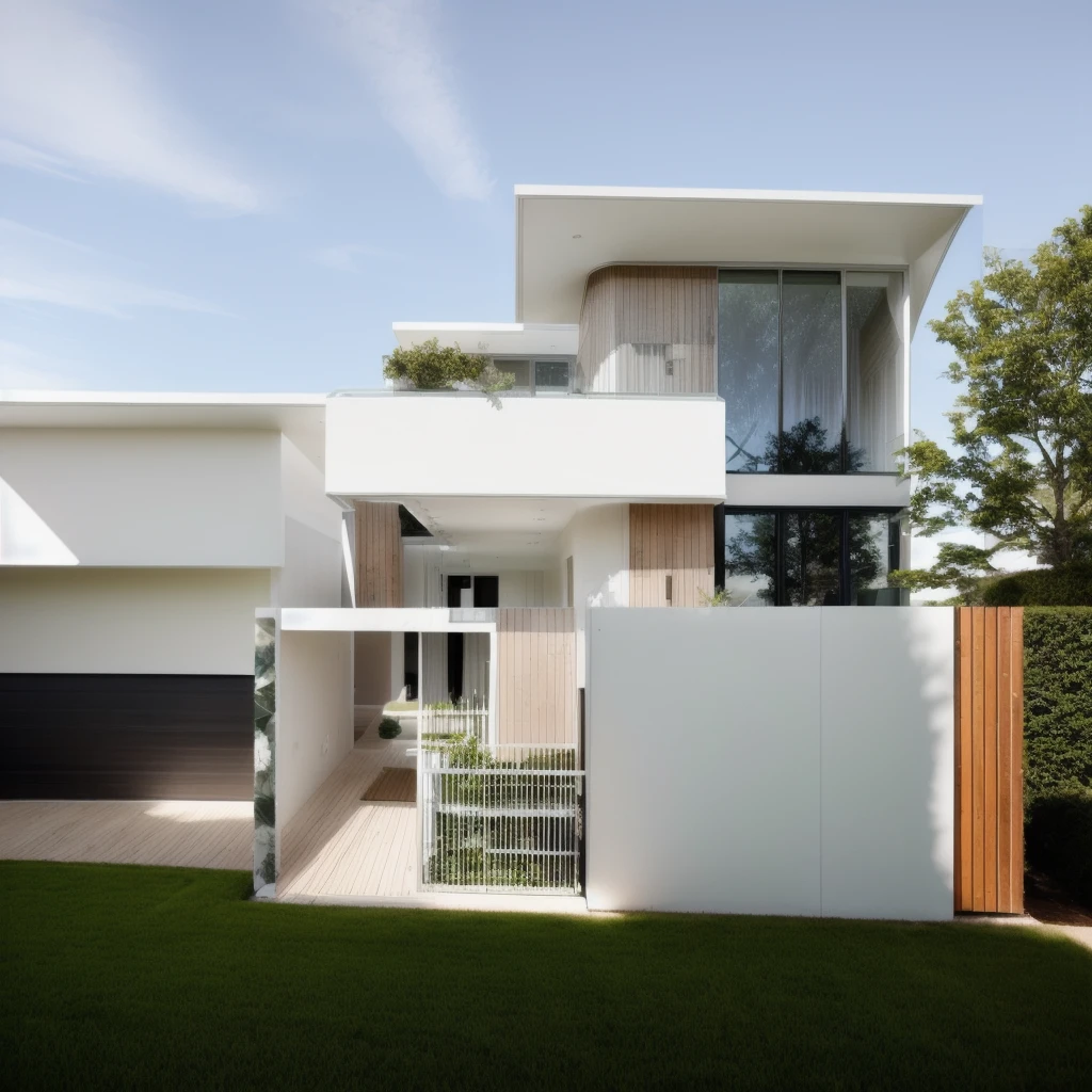 Modern house with minimalist style, delicate and simple materials, bright sun, beau jardin avec arbres verts