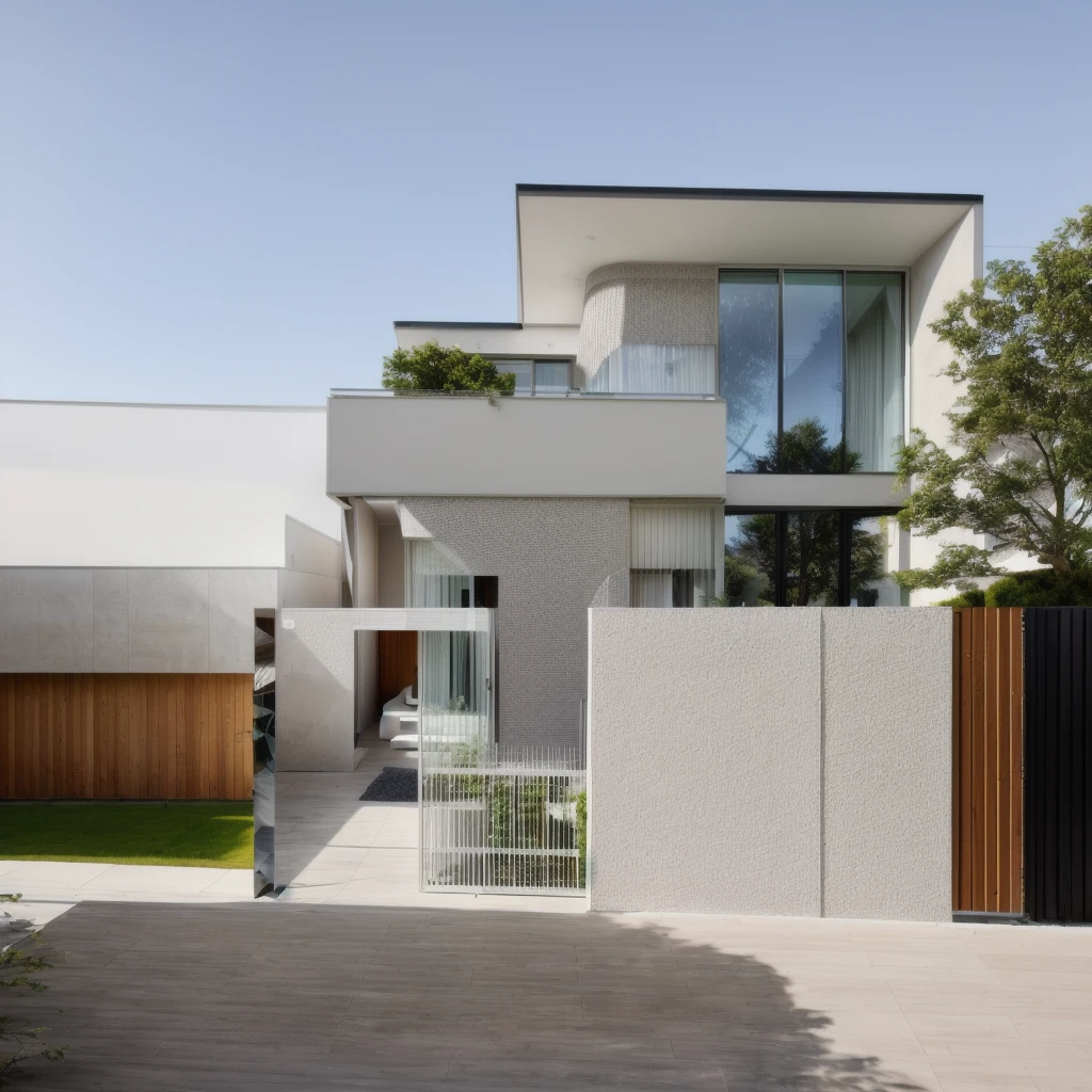 Modern house with minimalist style, delicate and simple materials, bright sun, beau jardin avec arbres verts