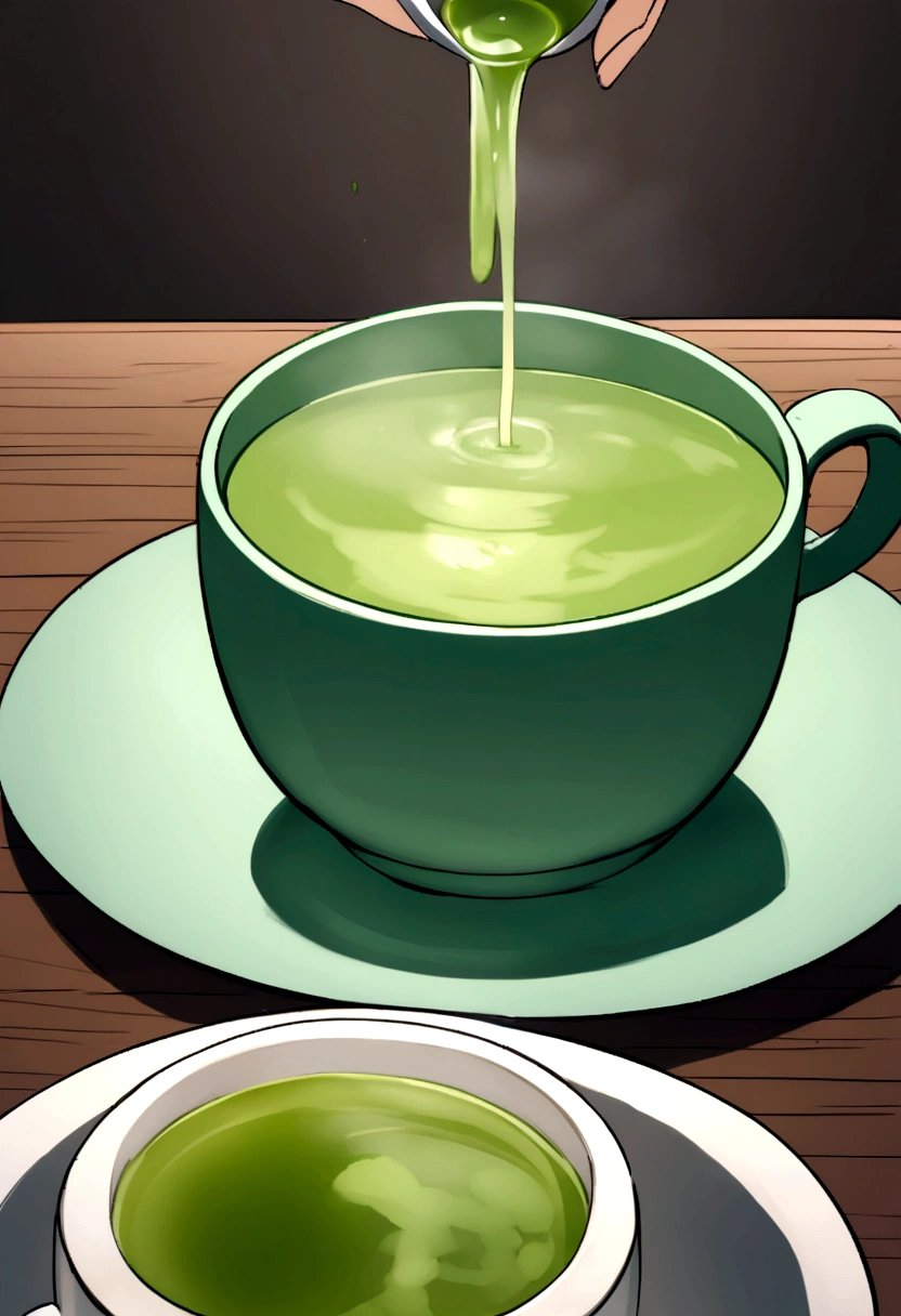 Generate actor is having green tea, in font of her there are a cup of tea, hot tea kettle on the table, show actor and light green tea