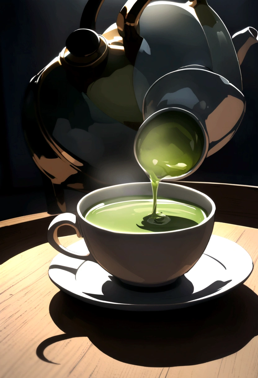Generate actor is having green tea, in font of her there are a cup of tea, hot tea kettle on the table, show actor and light green tea
