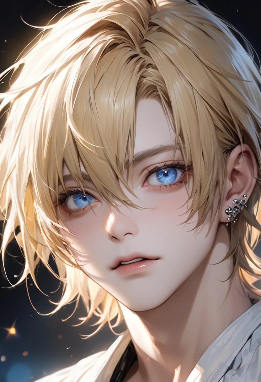 Ultra-high resolution,(Realistic:1.4), ((Highest quality)), ((masterpiece)), Blonde,Short Hair、Flowing bangs、blue eyes,Cool guy,Musician、Close-up、adultの歳,Short bangs,Cool piercings,Sparkling、Sidelong glance、Alluring、adult、looks strong、Visual Kei、Handsome、HYDE、Droopy eyes、Singing、Charisma、juvenile、Beardless、Droopy eyes