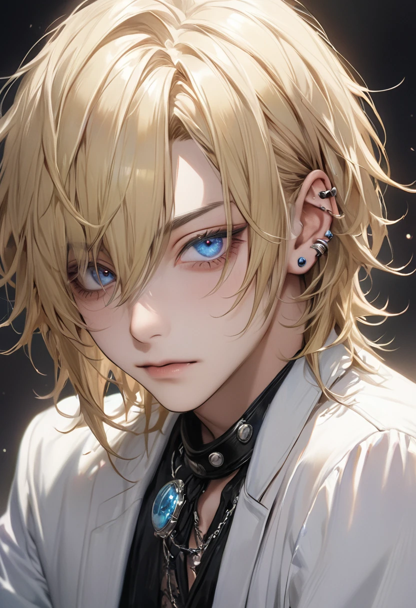 Ultra-high resolution,(Realistic:1.4), ((Highest quality)), ((masterpiece)), Blonde,Short Hair、Flowing bangs、blue eyes,Cool guy,Musician、Close-up、adultの歳,Short bangs,Cool piercings,Sparkling、Sidelong glance、Alluring、adult、looks strong、Visual Kei、Handsome、HYDE、Droopy eyes、Singing、Charisma、juvenile、Beardless、Droopy eyes