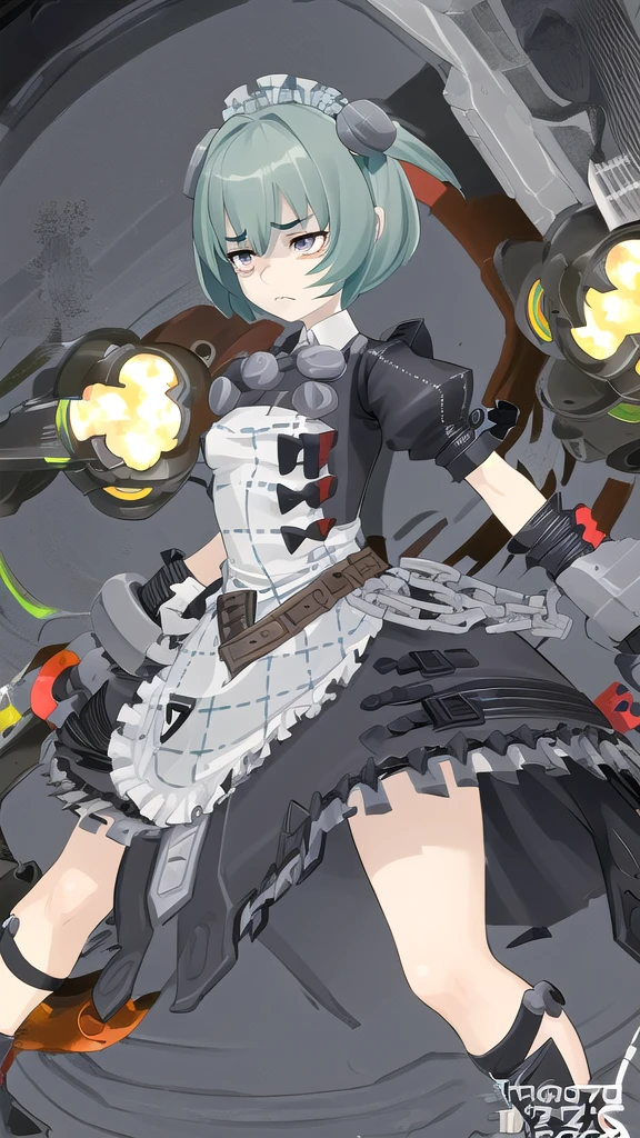 A girl with short hair standing, a robotic arm, angry face, closed hands