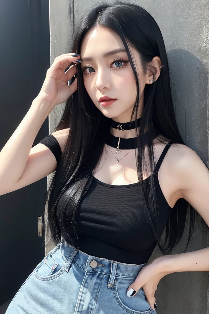 Shiny long black hair parted in the center、White-skinned adult woman。Big eyes、Cat eyes and a tough impression。Nails are black。Wearing a choker。Her chest is F cup。Wearing a black top and denim。