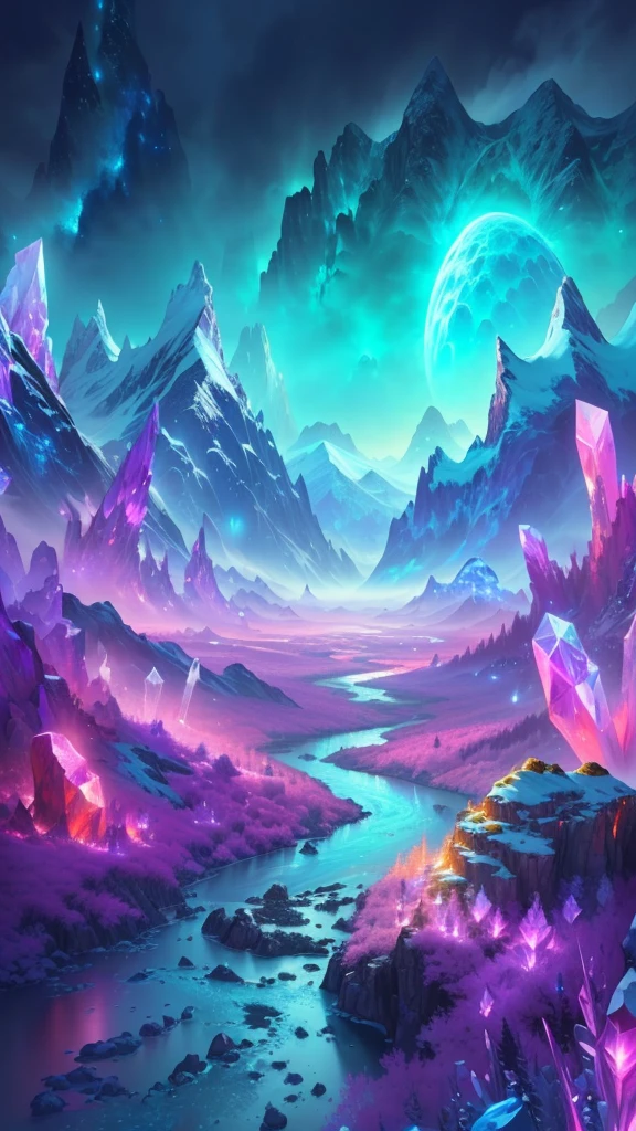 painting of a mountain landscape with a river and a mountain range, a lot of sharp crystals grow from the ground, accumulations of crystals over the entire surface, it is dangerous to injure yourself, Highly detailed 4K digital art, just a joke, background image, stunning artwork in 8k, Detailed 4K digital art, lush alien landscape, beautiful art uhd 4 k, Sci-fi fantasy wallpapers, beautiful alien landscape, alien landscape, Turbulent alien bright landscape, Epic fairytale fantasy landscape, even more crystals, even more crystals, a lot of crystals
