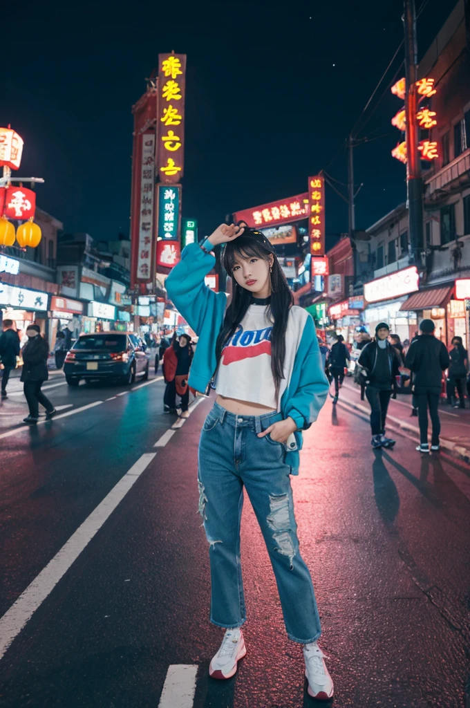 At night on Chinatown Road, Yaowarat, there is a Korean female idol wearing a hip-hop style outfit, standing in a cool pose in the middle of the road. Night lights, beautiful, realistic, 64K Perspective view from the ground to the top. Colorful lights are lines of movement.