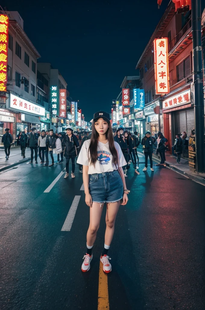 At night on Chinatown Road, Yaowarat, there is a Korean female idol wearing a hip-hop style outfit, standing in a cool pose in the middle of the road. Night lights, beautiful, realistic, 64K Perspective view from the ground to the top. Colorful lights are lines of movement. 