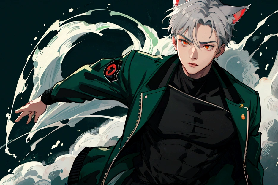 1 boy, bar background simple background, delicate eyes, boy with gray hair and cat ear, red eye, wearing black turtle neck with green bomber jacket, dynamic lighting, dynamic effect, cinematic light, Best quality, highly detailed, masterpiece, ultra detailed, waist up, anime