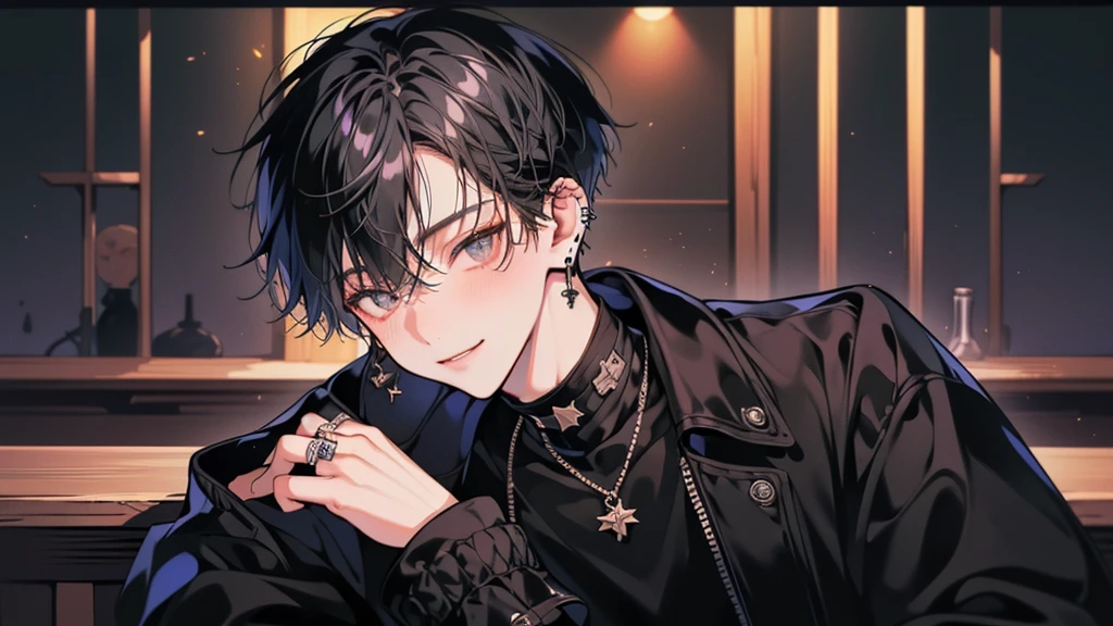 (muste piece), (best quality), (absurdres, highres, ultra detailed),((Delicate face)),(Night view),(((独奏))),(((1 Boy))),(boy),Male focus,Black short hair,Black eyes,(((underaged))),Japanese boys short hair,((black oversized crop jacket)),rivet,Black long Martin boots,(black pants),black shocker,necklace,ring,Black stud earrings,Smile,Side-parted bangs,drunken,sideways,(cyber nignt club),(sitting on a bar stool),(leaning by a bar counter),Puffy sleeves,light blush,shy smile,seductive