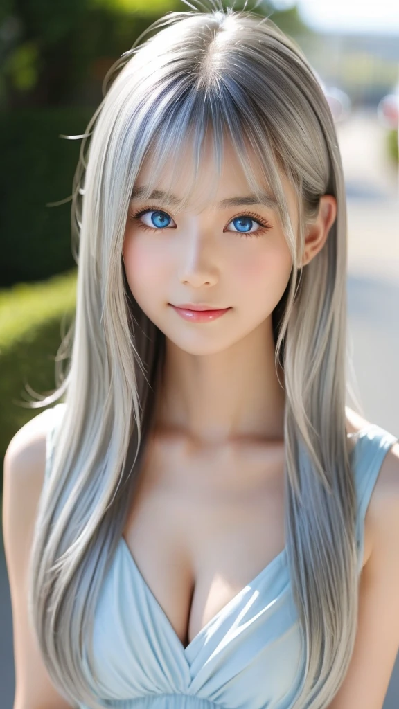 Shining, clear, white skin、Her windblown silver hair hides her beautiful face.、huge、 beautiful face of 28 years old、Beautiful straight hair that stands out、growing up, Sparkling light blue eyes、Sexyg silky bangs covering the eyes, Sexy youoman with super long hair hiding her sexy face、Shg silver hair、(((Sexy Woman)))、Theavage is visible