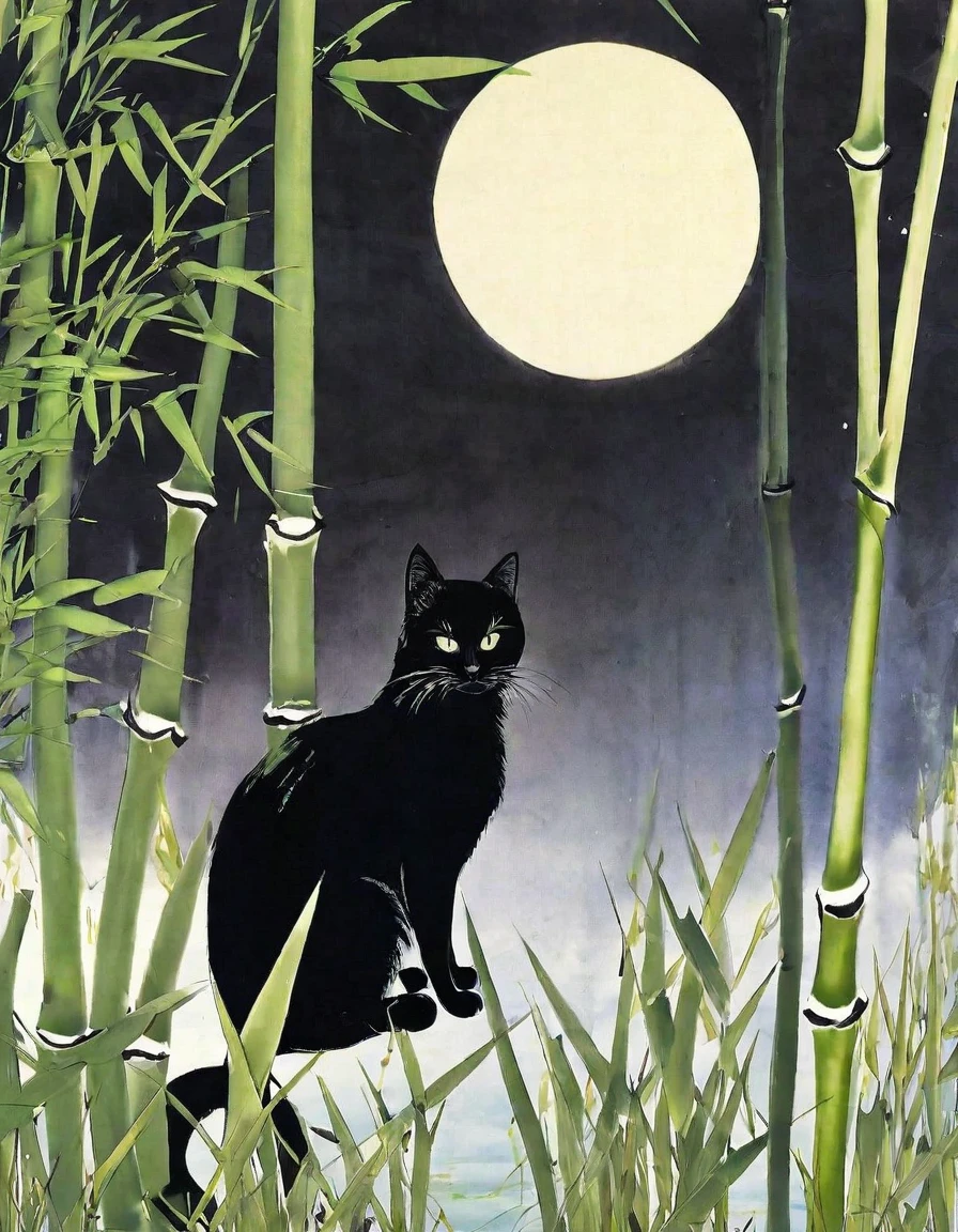 Highest quality, masterpiece, High resolution, Super Long Shot,Whity,moon,Beautiful Nature,Mountain,Black cat,浴衣を着た笹river能孝さん,river,bamboo forest,Free your imagination,Beautiful Nature美,The pinnacle of art,Mountain水画のような