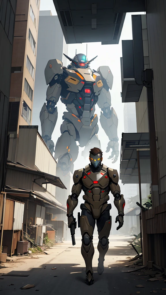 A neatly short-haired Indonesian man, wearing a brown Security Unit mecha suit, walks while holding a riffle in an office building. This photo captivates with its futuristic and authoritative imagery, creating a tense and action-packed atmosphere that grabs attention and invites curiosity.