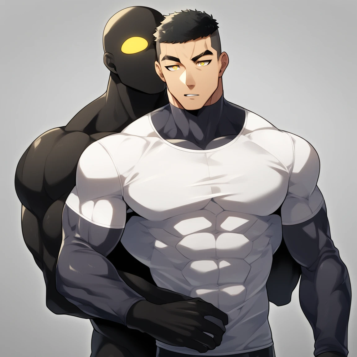 anime characters：Two superheroes in tights, Muscle Sports Student and Muscle No Face skinhead superhero, No Face，negro black skin, They hugged and kissed each other, Bite your neck, Caress, Manliness, male focus, Yellow and black high collar long sleeve tight T-shirt, Slightly transparent material, Very tight, Round, full and perky chest muscles, Muscle waist, Slightly transparent, muscular male, muscular, only, Upper body, alone, Black short hair, Thick eyebrows, stubble, Yellow eyes, Grey background, simple background, amazing quality, best aesthetics, Ridiculous, bright pupils, crew cut, parted lips, seductive smile, torogao, naughty face, drop shadow, best quality