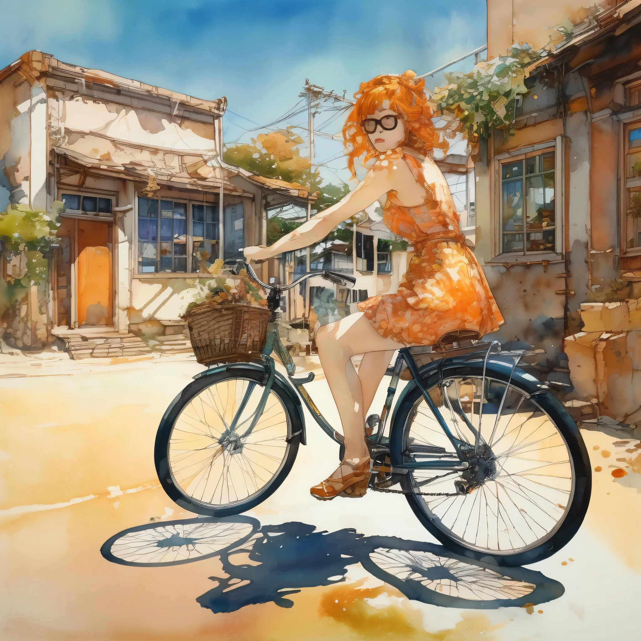 artwork:Katsuya Terada
8k, High resolution, A complex and intricate masterpiece, (Summer vacation:1.2), (Girl on a bicycle:1.1), thin frame glasses、transparent, Glowing black eyes, Bicycle and brown eyeball, Medium Shot, Orange Hair, Organic Shapes, Hard Edge, Anatomically correct body,  Ultra-realistic, Bicycle elegant,Cinema Lighting, Very detailed, Vibrant colors, Octane Rendered Cat, Surreal atmosphere, Award-winning works, Bright and rich colors, iridescent accents, Dramatic Shadows,Dynamic and atmospheric lighting, Anamorphic Lens, Sharp focus, 
An intricate and detailed masterpiece by Katsuya Terada, Katsuya Terada Style, Pop Surrealism, watercolor , Kanna Hashimoto
