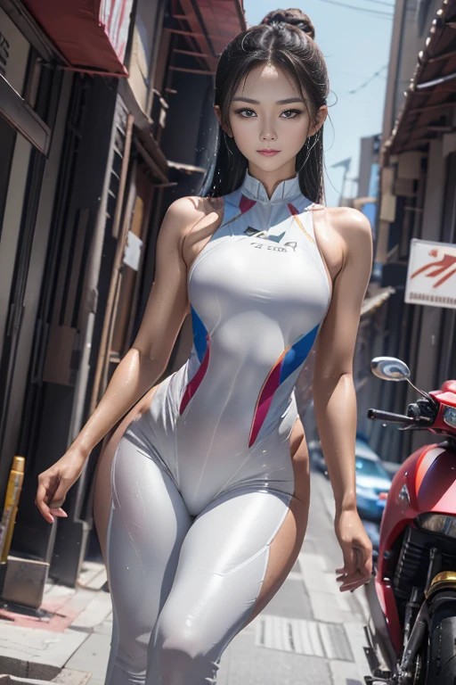 1 sister,Wearing a tight colors and white racing suit,Big legs coming towards you,Hold the handlebars of your motorcycle,navel,Just looking at the audience,midnight street,Movie Lighting,National Foundation,((best quality,8K,masterpiece:1.3))),Be focused:1.2,(Layered pruning,big:1.2),Beautiful woman with perfect body:1.4,Slim abdominal muscles:1.2,Wet body:1.5,Highly detailed face and skin textures,Delicate eyes,double eyelids,Long gray hair