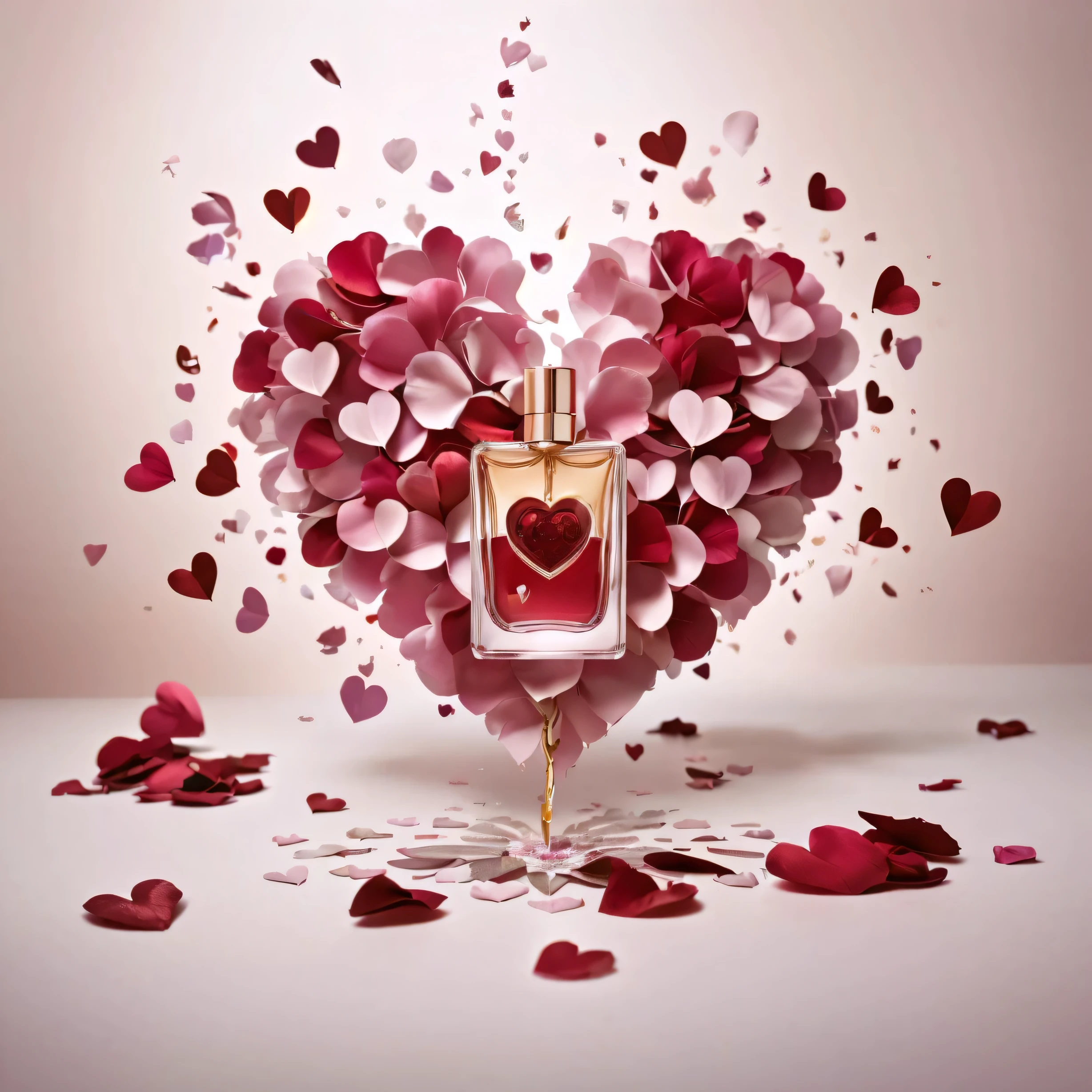 hanging perfume container spilling cascading red hearts transitioning with colorful rose petals to the floor, araffe heart shaped bottle of perfume with petals and hearts flying around, by Aleksander Kotsis, by Zofia Stryjenska, by Jakob Gauermann, by Arabella Rankin, by Emma Andijewska, by Anna Findlay, by Alfredo Volpi, by Mathias Kollros, by Gabriel Ba, by Anato Finnstark