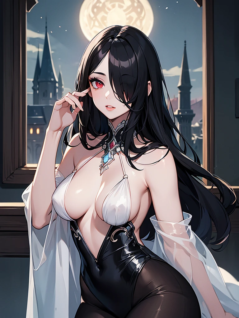 (Super detailed:1.3), ((((best quality)))), ((masterpiece)), female focus, solo,hotify, stunning beauty, powerful glow, detailed face, detailed eyes, detailed lips,castle interior background,(nighttime),moonlight,((black hair)),long hair,red eyes, (pale skin:1.2),melancholic expression,straight bangs,bangs covering forehead,almond-shaped eyes,very cute face,cowboy shot, (hair over one eye),sheer sleeves,(2 arms),nude