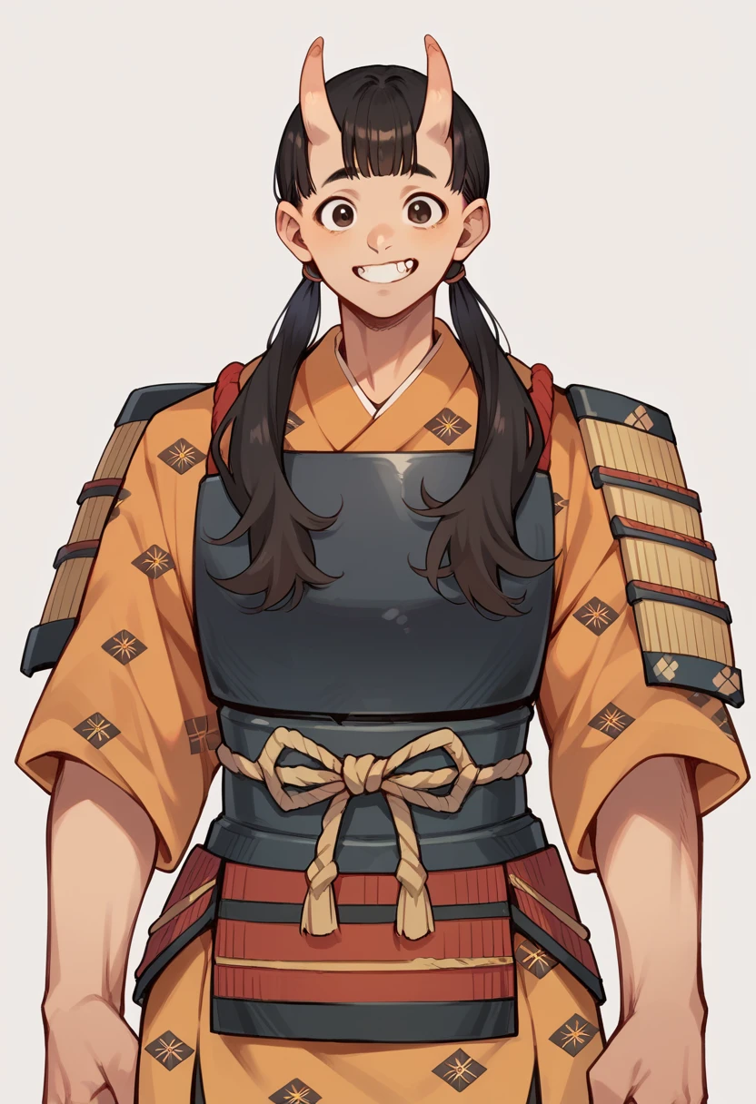 inutadearmr, ,japanese armor, low twintails,kimono,oni ,grin,black hair,brown eyes,armour