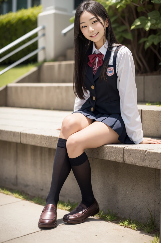Pure Japanese school girl, sweet temptation, outstanding body, beautiful legs, wearing uniform, high socks, loafers, panty, natural long hair, sweet smile, sitting, refreshing in early summer, composition from the front,