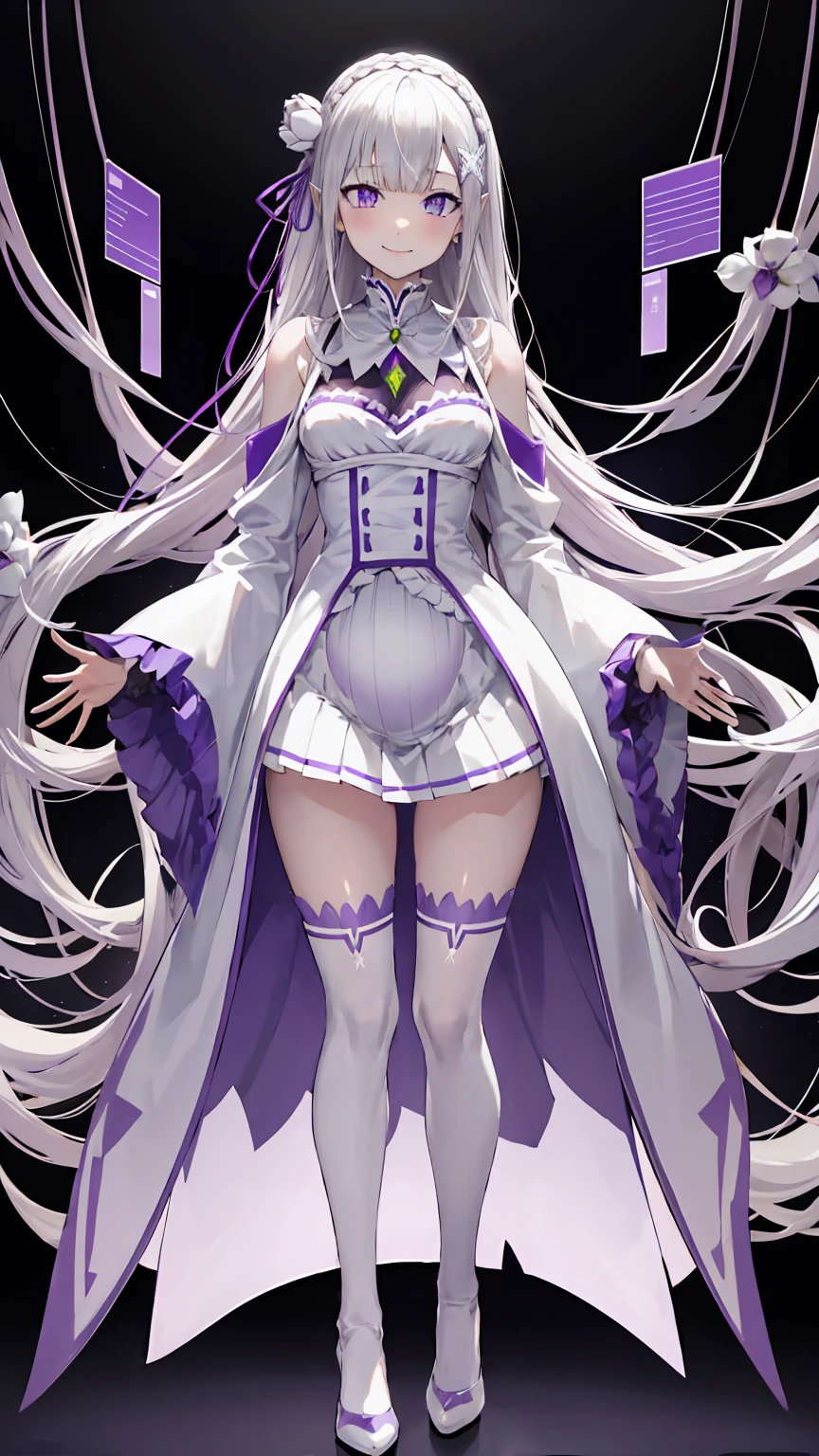 Lezero Emilia, emilia, braid, Crown braid, flower, Hair Flower, hair ornament, Hair Ribbon, Long hair, pointy ear, (Purple eyes:1.2), White hair, x hair ornament,
Break Detach Color, Detached sleeves, frilly sleeves, frilld, Long sleeves, Miniskirt, Pleated skirt, bow ribbon, Skirt, thighs thighs thighs thighs, White skirt, White sleeves, white thighhig, Wide sleeves, zettai ryouiki,
BREAK (masutepiece:1.2), Best Quality, High resolution, Unity 8k Wallpaper, (Illustration:0.8), (Beautiful detailed eyes:1.6), extra detailed face, Perfect Lighting, extremely details CG, (Perfect hands, Perfect Anatomy),is standing、Evil Fall, 1girl in, solo, pubic tattoo,Lipakeup、lip stick、eye line / Mascara Eyeshadow Evil Fall、Bad Woman、bad looking、Empty eyes、Psychopaths、Eyes pink、Grinning、Smile, lightsmile,Knives、low angles、leggy、Long leguchimuchi、Transparent pupils、, ((Positive pregnancy test))fullbody image、high-heels、High heels