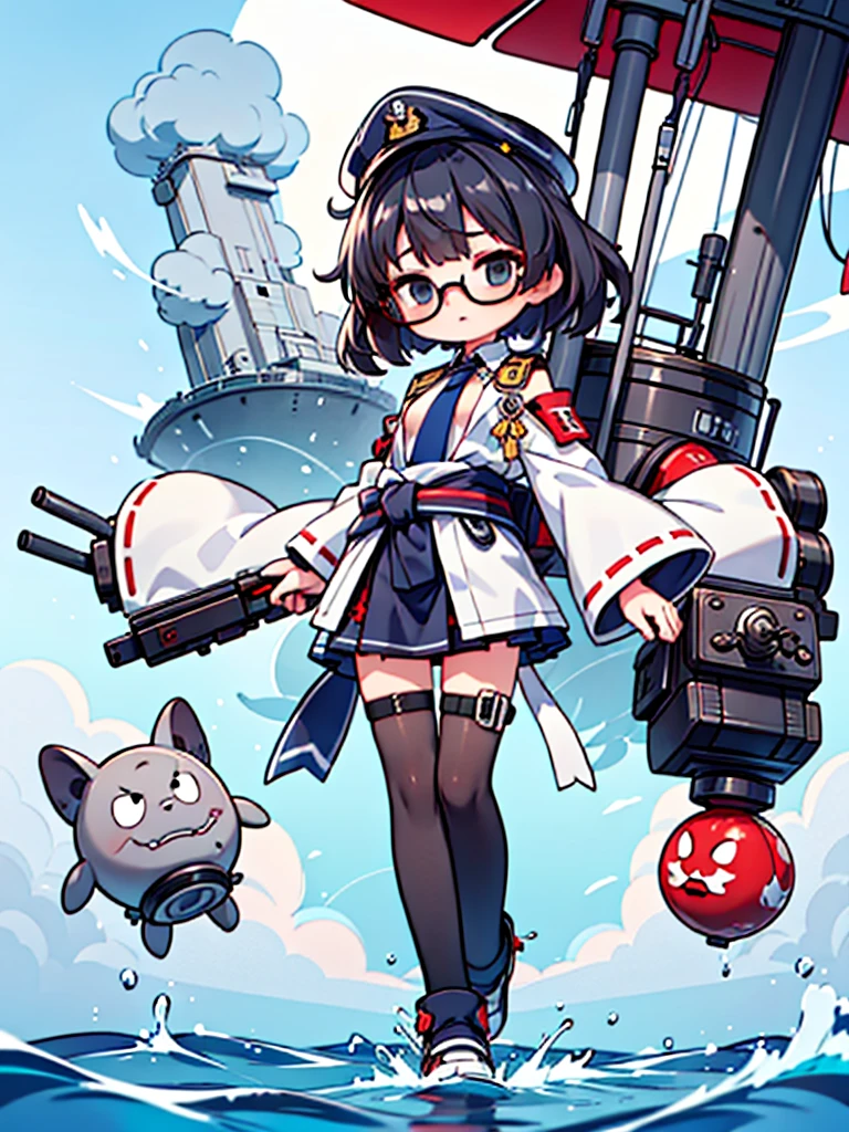 ((((Full body of a woman with perfect flat chest、solo、Short unkempt black hair、Tie your messy hair at the nape of your neck、white military jacket、Miko costume、tights、Black glasses、White military cap、Cloudy black eyes、Confused eyes、Eyes Beginning to Open、Junyo hair accessories)))), (((masterpiece))), (((Shipgirl))), ((Floating on the morning sea with both feet)), (Spread your legs wide open), (Hold the turret grip with your right hand), (Mechanical arms extending from the waist are used to equip the ship with battleship equipment.), (Equipped with a turret on the back), (Left arm holds the triple turret grip), Shotgun belt on thigh, Spreading the Machine's Wings, Machine tail,
