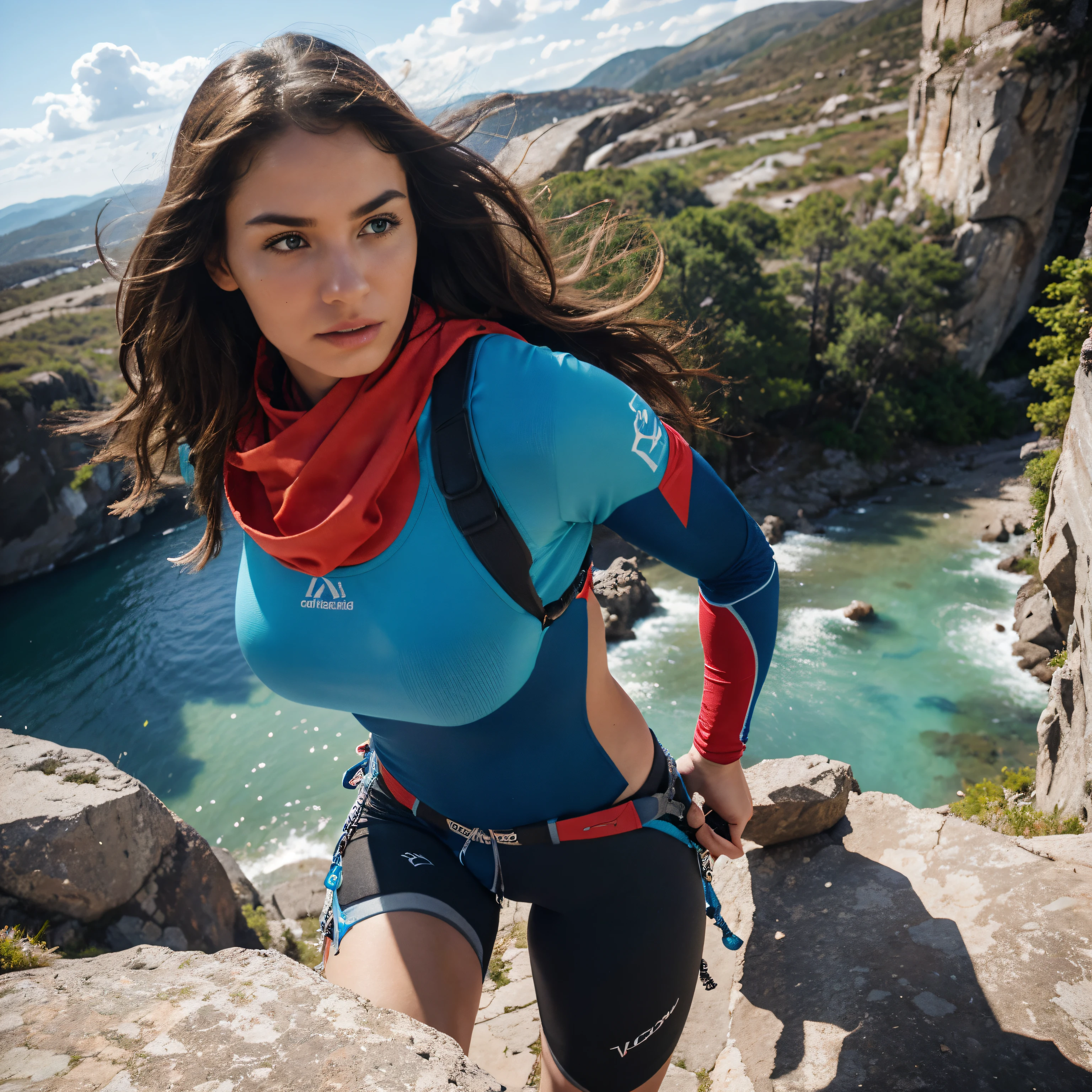 belle fille escalade,escalade,Esprit aventureux,Corps athlétique,forte détermination,énergie de jeunesse,Cadre extérieur pittoresque,expérience exaltante,mode de vie actif,équipement de sécurité,poussée d&#39;adrénaline,[couleurs vives],[éclairage dramatique],[mouvement:1.1],[perspective dynamique],[paysage détaillé],[ciel bleu clair],[Concentrez-vous sur la fille],[photo d&#39;action],[Expression faciale engageante] (meilleure qualité,haute résolution),rendu basé sur la physique,photoréaliste,éclairage de studio,Ultra-détaillé,portrait
