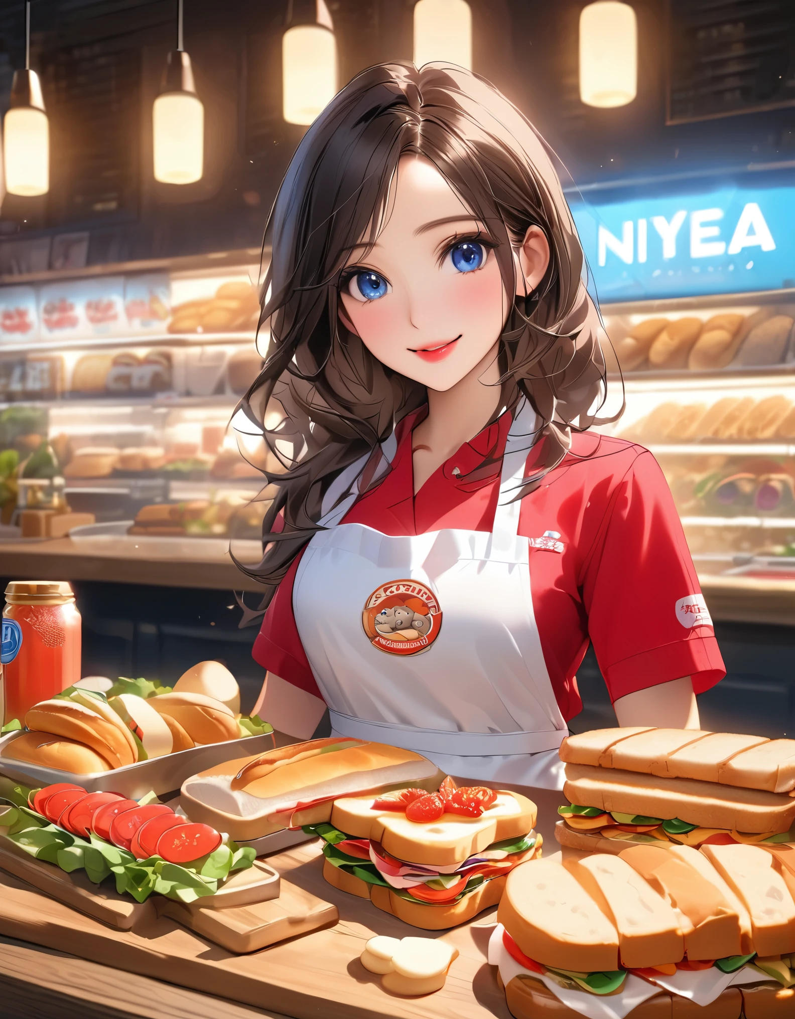 best quality,4k,8k,highres,masterpiece:1.2,ultra-detailed,(realistic,photorealistic,photo-realistic:1.37),1 beautiful smiling young woman, beautiful detailed eyes,beautiful detailed lips,extremely detailed eyes and face,longeyelashes,apron,making sandwiches,cute bear store logo on the wall,bear bread,neon lights,bread,cookies,sandwiches,salads,bottled drinks,Japanese anime style,beautiful background,depth of field,CG unity,illustration,vibrant colors,warm lighting,soft shadows,highly detailed