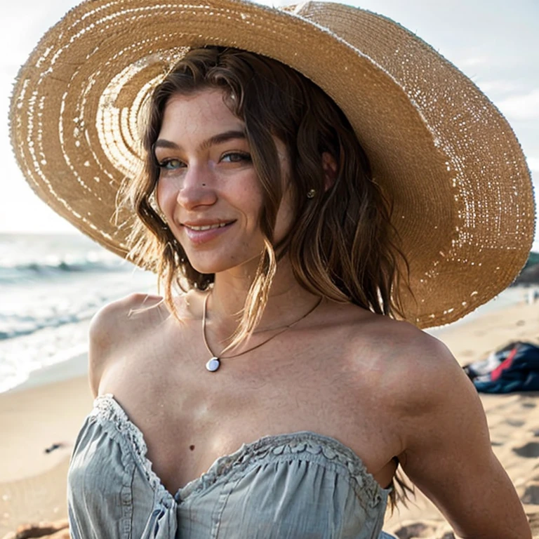 la photographie, femme à la plage portant un chapeau et une chemise bleue, Beau, journée ensoleillée, sourire, texture de peau réaliste, pores de la peau, Lumière naturelle, bien éclairé, meilleure qualité, haute résolution, détaillé  