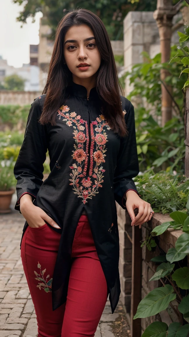 21 yo women Ananya Pandey wearing embroidery printed black longer kurta and red jeggings garden perfect anatomy, ultra detailed face and eyes, ultra sharp HDR, realistic realism, 8k