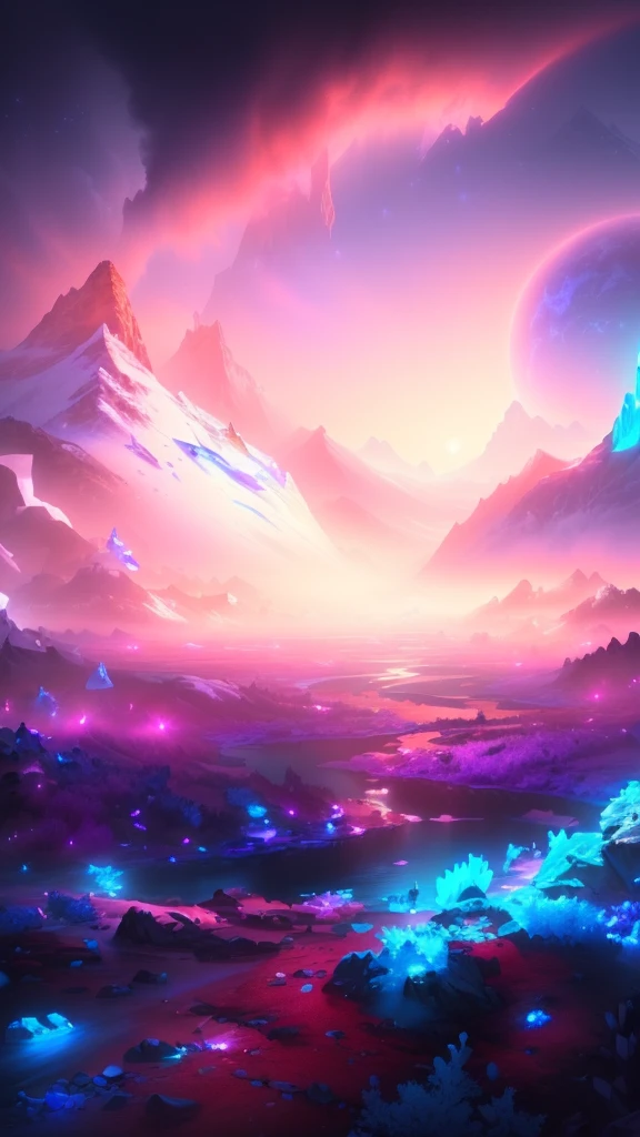 painting of a mountain landscape with a river and a mountain range, a lot of sharp crystals grow from the ground, accumulations of crystals over the entire surface, it is dangerous to injure yourself, Highly detailed 4K digital art, just a joke, background image, stunning artwork in 8k, Detailed 4K digital art, lush alien landscape, beautiful art uhd 4 k, Sci-fi fantasy wallpapers, beautiful alien landscape, alien landscape, Turbulent alien bright landscape, Epic fairytale fantasy landscape, even more crystals, even more crystals, a lot of crystals, even more crystals