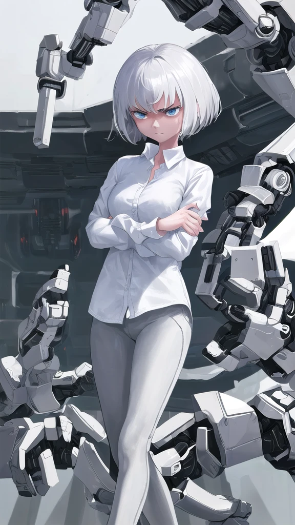 A girl with short hair standing, a robotic arm, angry face, closed hands,White shirt clothes 