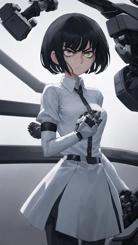 A girl with short hair standing, a robotic arm, angry face, closed hands,White shirt clothes