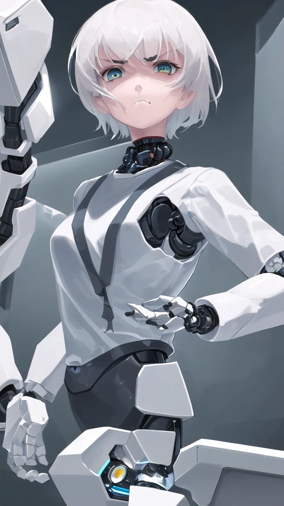 A girl with short hair standing, a robotic arm, angry face, closed hands,White shirt clothes