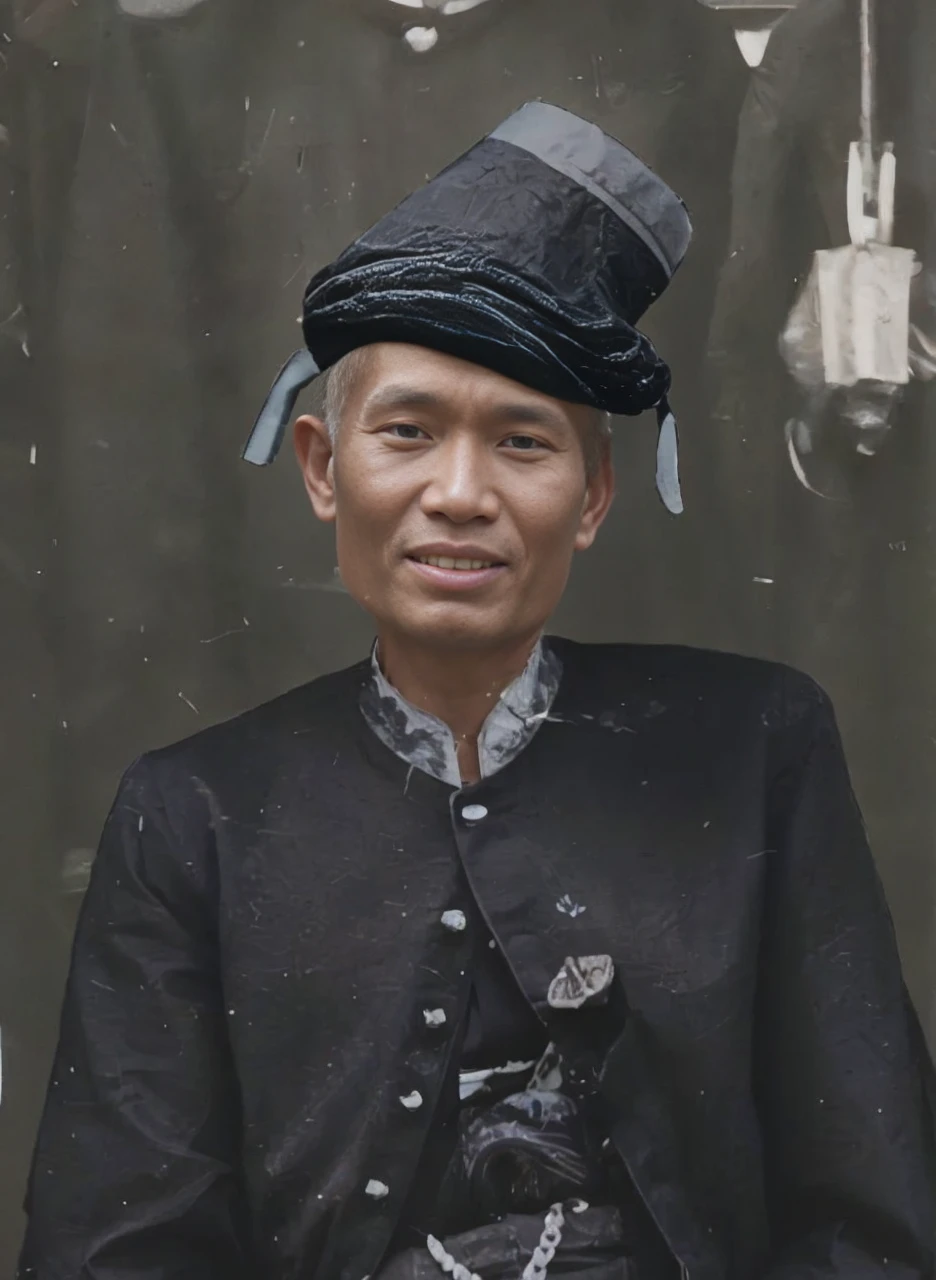 Indonesian male, wearing certain tribal or traditional clothing, slightly visible teeth, small nose, slightly narrow eyes, dark wrinkled skin. Realistic Hd