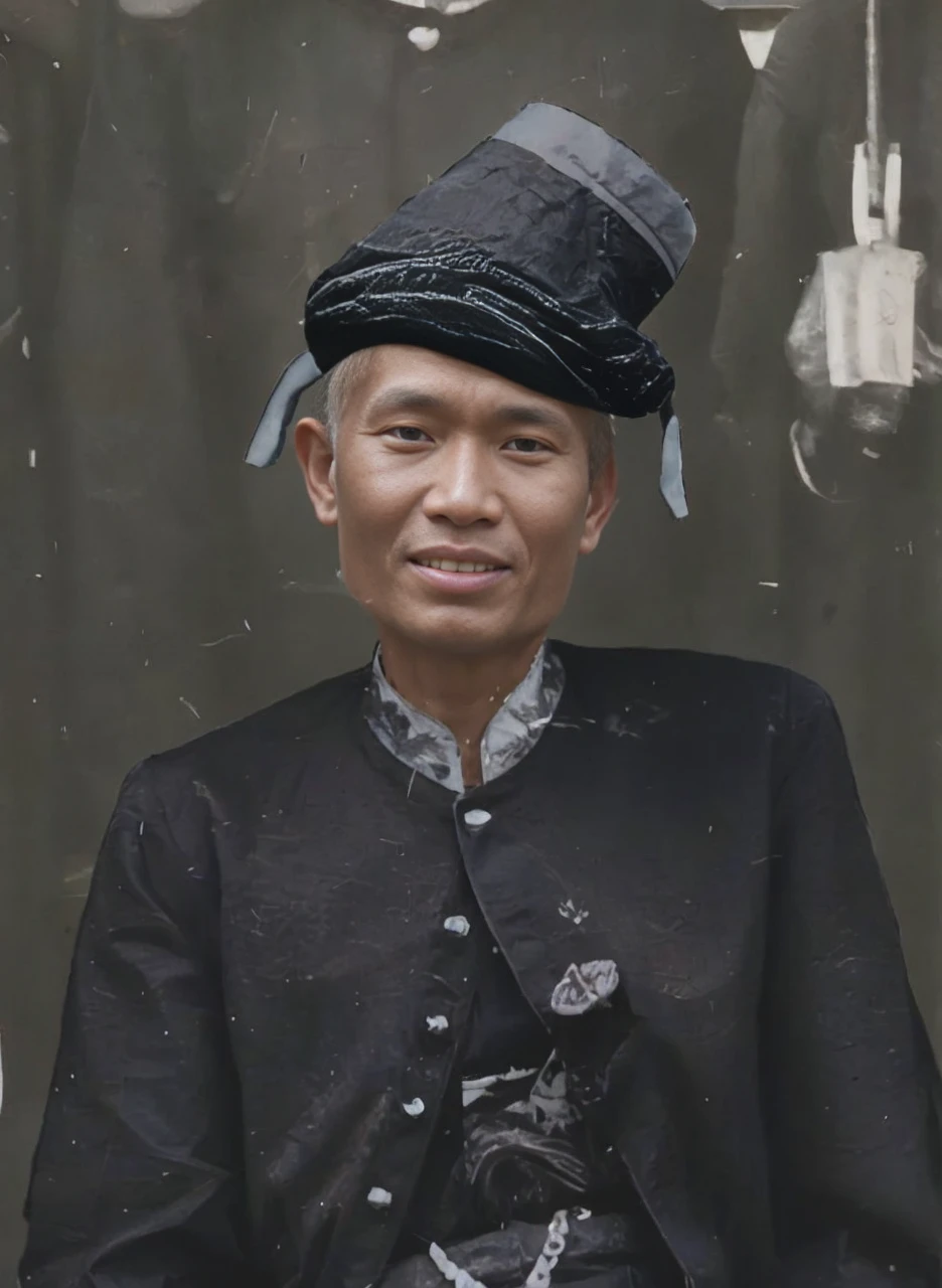 Indonesian male, wearing certain tribal or traditional clothing, slightly visible teeth, small nose, slightly narrow eyes, dark wrinkled skin. Realistic Hd