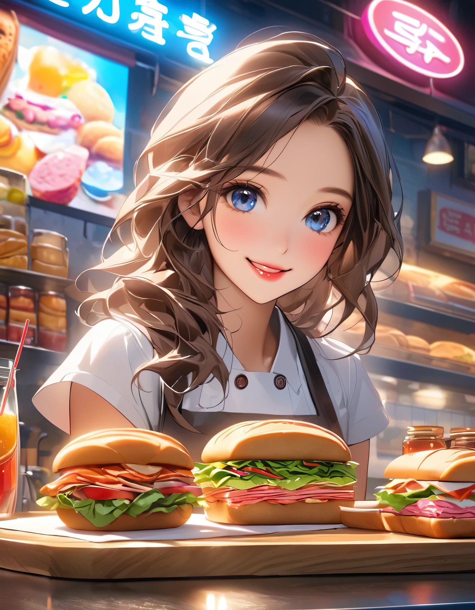 best quality,4k,8k,highres,masterpiece:1.2,ultra-detailed,(realistic,photorealistic,photo-realistic:1.37),1 beautiful smiling young woman, beautiful detailed eyes,beautiful detailed lips,extremely detailed eyes and face,longeyelashes,apron,making sandwiches,cute bear store logo on the wall,bear bread,neon lights,bread,cookies,sandwiches,salads,bottled drinks,Japanese anime style,beautiful background,depth of field,CG unity,illustration,vibrant colors,warm lighting,soft shadows,highly detailed