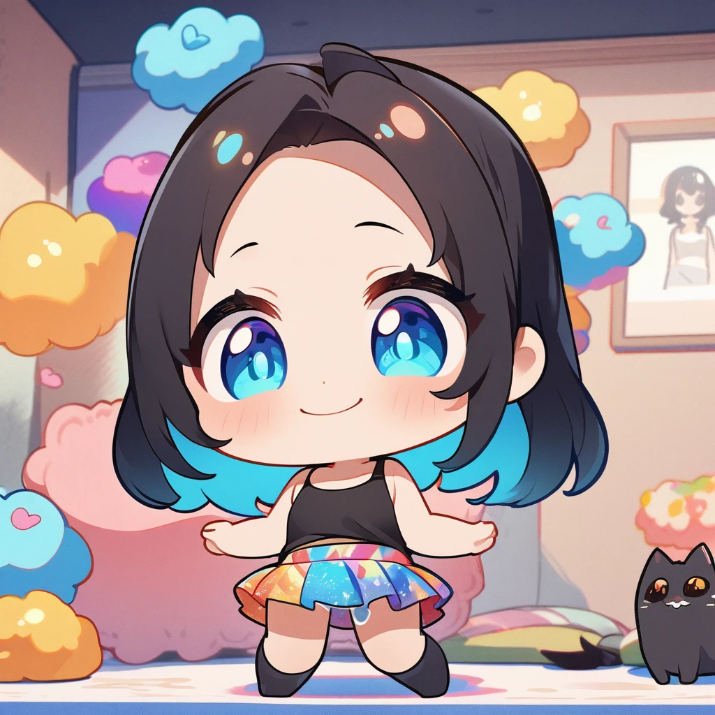 masterpiece、Highest quality、Depth of subject、２D illustration、1 beautiful girl、独奏, (((chibi style)))、((Long, beautiful hair))、Shiny black hair、cute、Beautifully detailed eyes、((Tank top))、a glass of blue soda, ((colorful))、mini skirt、((happy smile))、((kitten cluster)), ((full body shot))、((in the room))、((There&#39;s a lot of pink around))、((vivid color))、sparkle、((Lens flare))、