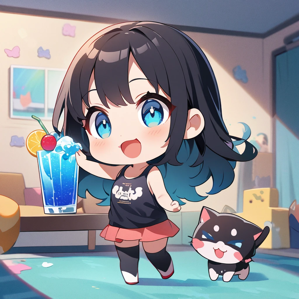 masterpiece、Highest quality、Depth of subject、2D illustration、1 beautiful girl、独奏, (((chibi style)))、((Long, beautiful hair))、Shiny black hair、cute、Beautifully detailed eyes、((Tank top))、a glass of blue soda, ((colorful))、mini skirt、((happy smile))、((kitten cluster)), ((full body shot))、((in the room))、((There's a lot of pink around))、((vivid color))、sparkle、((Lens flare))、