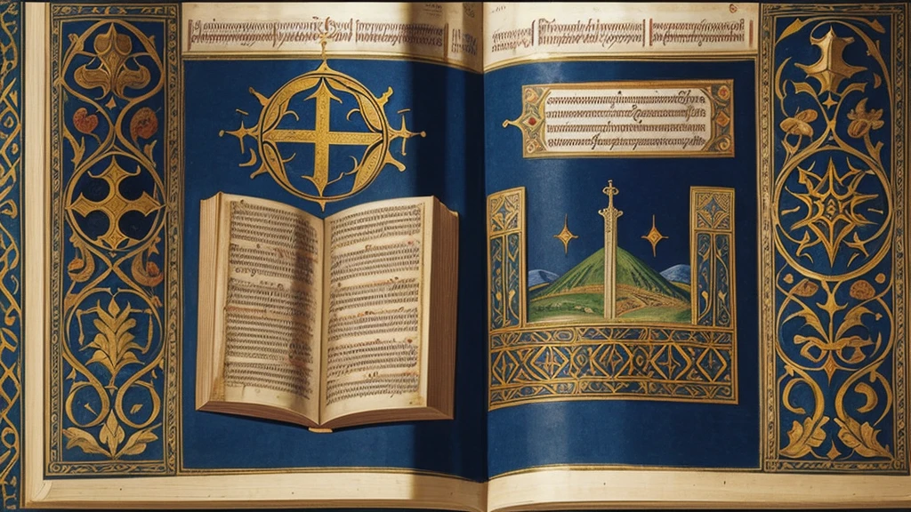 "A series of illuminated manuscripts displayed in a medieval library, each open to pages depicting biblical narratives from Genesis to Revelation. Intricate illustrations and calligraphy highlight passages describing creation, judgment, and the promise of eternal life, showcasing how these beliefs were preserved and interpreted through the artistry of the Middle Ages."