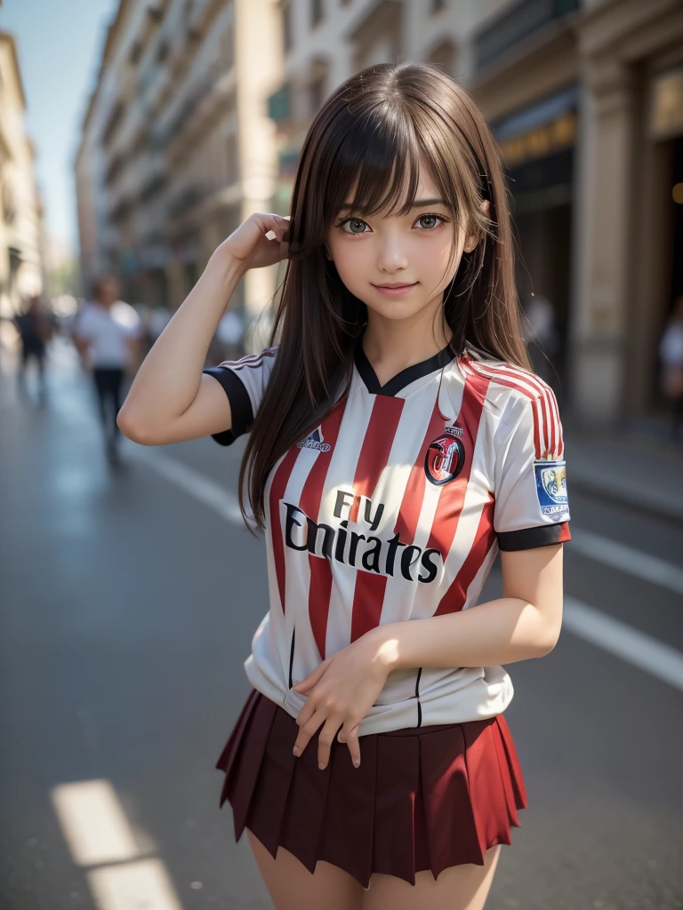 (8K, RAW Photos, Highest quality, masterpiece:1.2), (Realistic, photo-Realistic:1.4), (Highly detailed 8K wallpapers), ((Full Body Shot)), (1 girl), Sharp focus, Depth of written boundary, Cinematic lighting, Soft Light, 緻密な美しさのeye, eye_Chan, Very beautiful 17 year old girl, innocent big eyes, Realistic, photo Realistic, Highly detailed cute girl, (Thin thighs), (Model Body Type), (((AC Milan soccer jersey))), ((Micro Mini Pleated Skirt)), (((Fold your arms in front of your chest and act arrogantly))), ((A happy smile)), Parted lips, Watching the audience, (On the streets of Milan) , (Brown Hair),(Long Bob Hair), (Asymmetrical bangs)