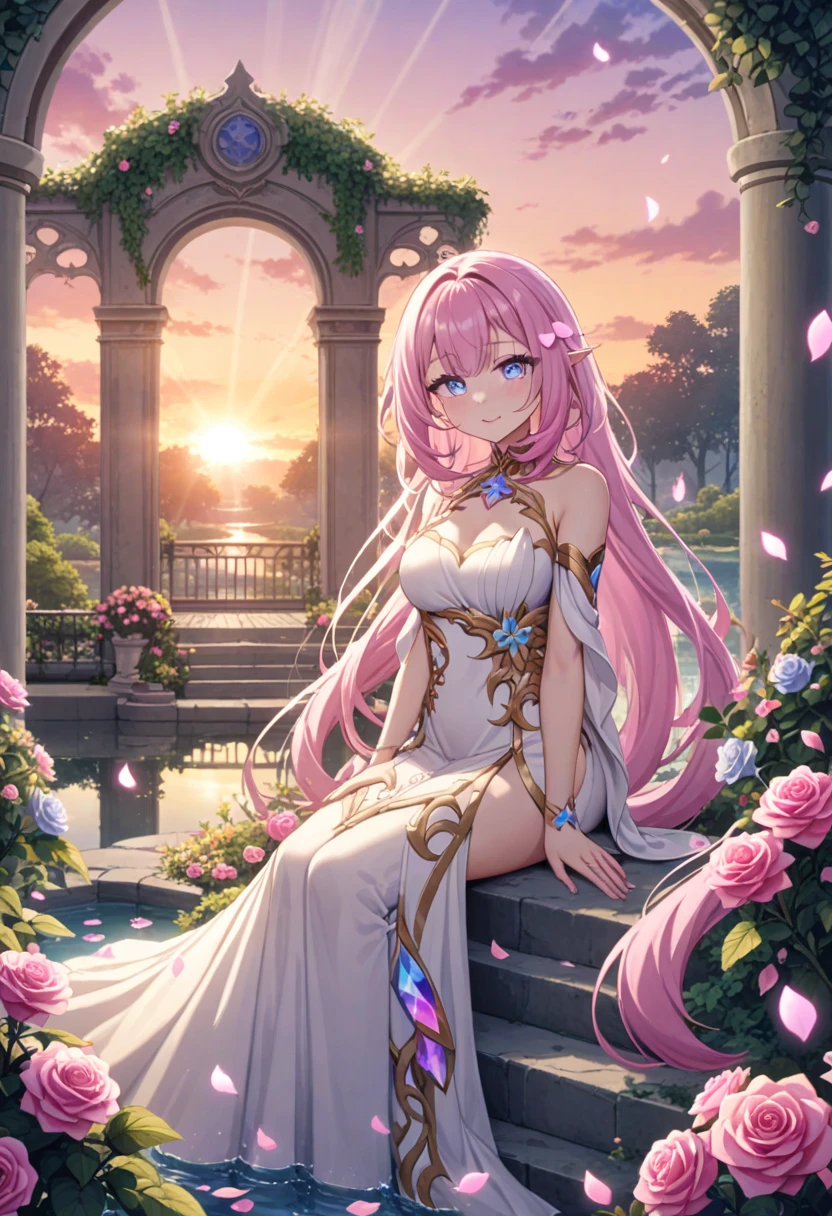 (masterpiece, high quality, best quality, 4k, 8k:1.4), 1girl, solo, pink hair, brown eyes, double-parted bangs, long hair, (mature female, mature:1.2), mole under eye, hoop earrings, white and gold dress, detailed face, beautiful detailed eyes, beautiful detailed lips, extremely detailed face, long eyelashes, intricate details, soft lighting, soft color pallette, perfect anatomy