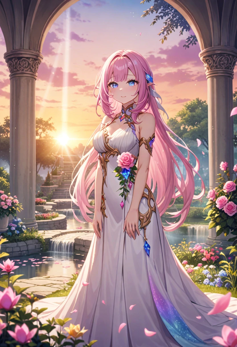 masterpiece,so beautiful,Absurd, up to date, One girl,Elysia,alone,Wearing a white sleeveless wrap gown,Very long pink hair,Blue eyes、 BREAK Ivy and stairs、wood々Dreamy outdoor scene of a beautiful garden with intertwining flowers,Royal Garden Background,Beautiful and elaborate anime scenery,A quiet pond with floating light particles,((Amazing sunrise background)),Gorgeous fantasy aesthetic,
BREAK
Elysian realm,Rainbow Crystal Rose,Floating Petals