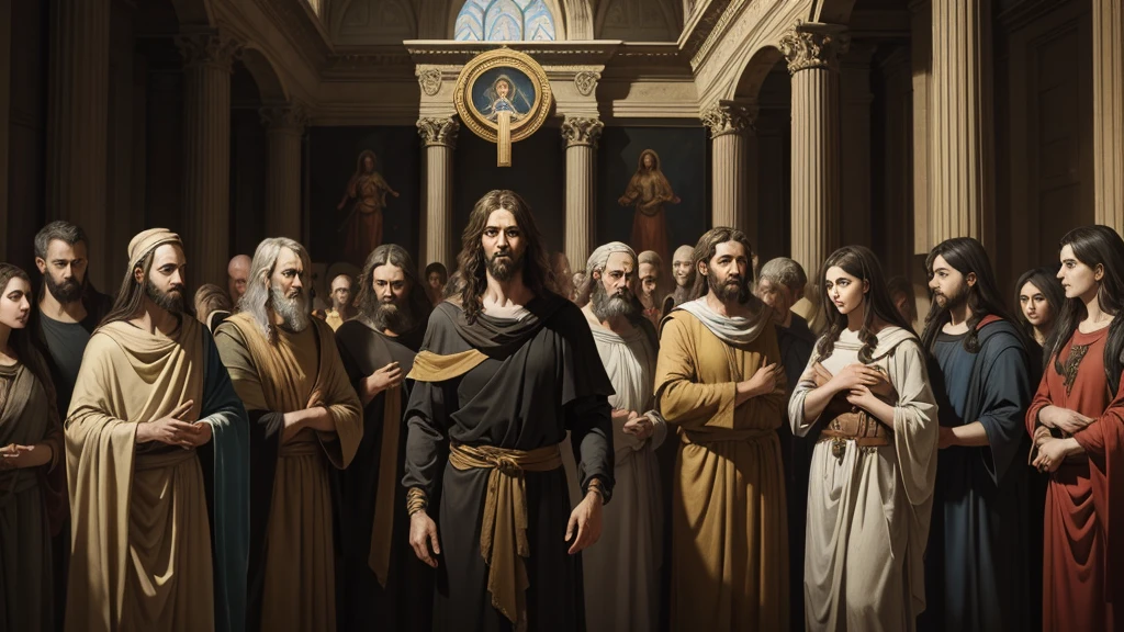"An art gallery filled with masterpieces inspired by biblical themes of resurrection and divine judgment. Paintings from different historical periods depict scenes from Genesis to Revelation, illustrating the evolving artistic interpretations of life after death and the human quest for spiritual understanding and salvation."