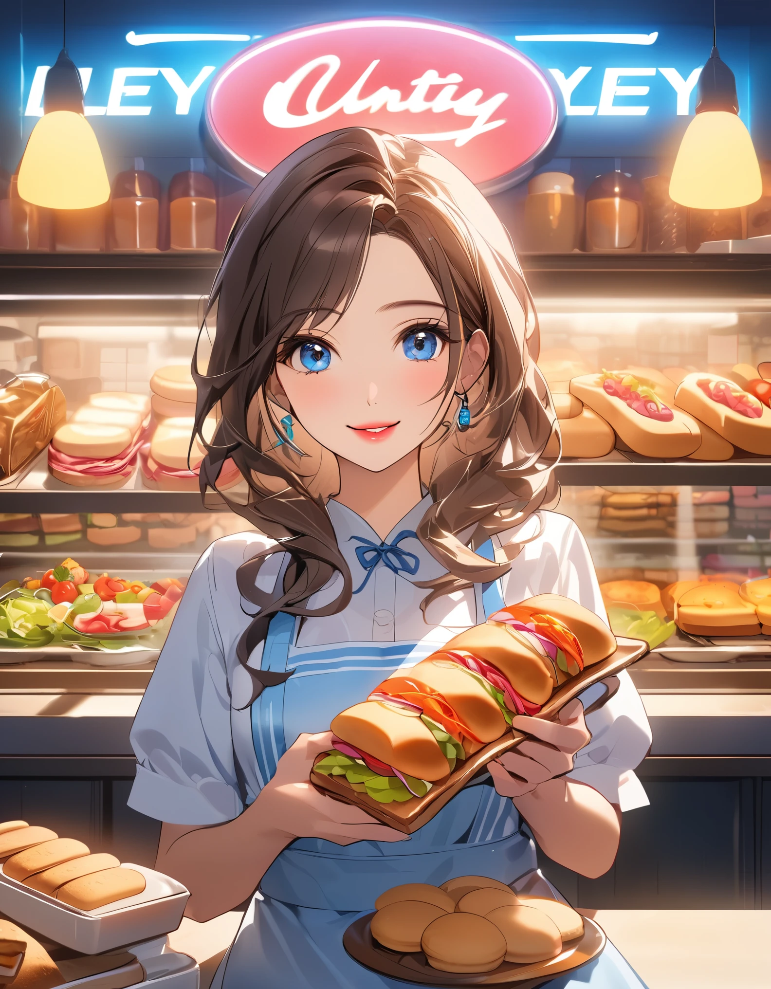 best quality,4k,8k,highres,masterpiece:1.2,ultra-detailed,1 beautiful smiling young woman, beautiful detailed eyes,beautiful detailed lips,extremely detailed eyes and face,longeyelashes,apron,making sandwiches,cute bear store logo on the wall,bear bread,neon lights,bread,cookies,sandwiches,salads,bottled drinks,Japanese anime style,beautiful background,depth of field,CG unity,illustration,vibrant colors,warm lighting,soft shadows,highly detailed