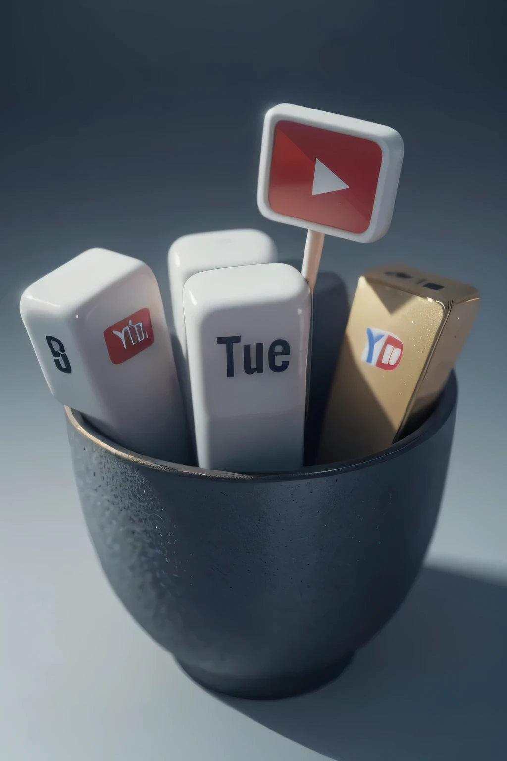a highly detailed 3D model of a YouTube icon, volumetric lighting, metallic textures, reflections, depth of field, cinematic composition, dramatic lighting, elegant and modern design, clean and minimalist style, flawless render, 8k, photorealistic, hyper-realistic